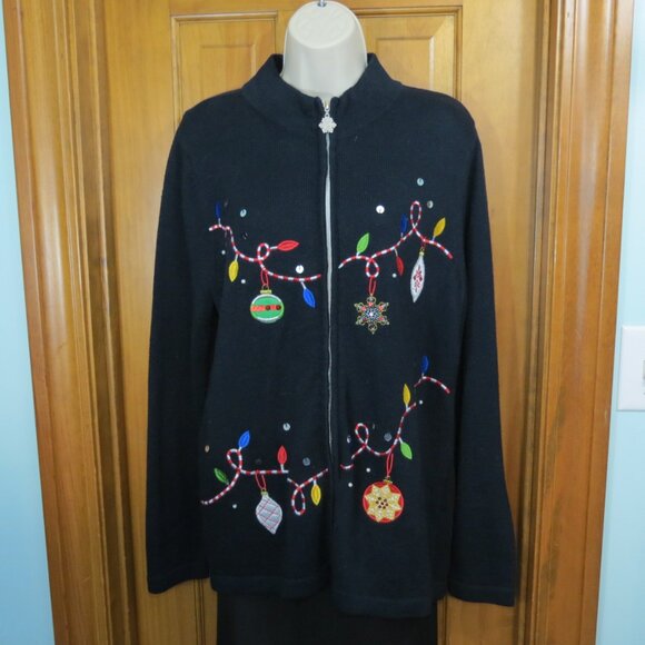 Nouveaux Women's Christmas Sweater Black Zip Ornaments Holiday Size Large - Picture 8 of 10